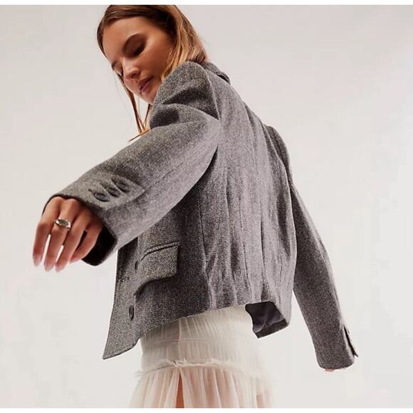 Free People Tailored Heritage Blazer in Grey Combo Cropped Crop Size Large - Picture 1 of 10